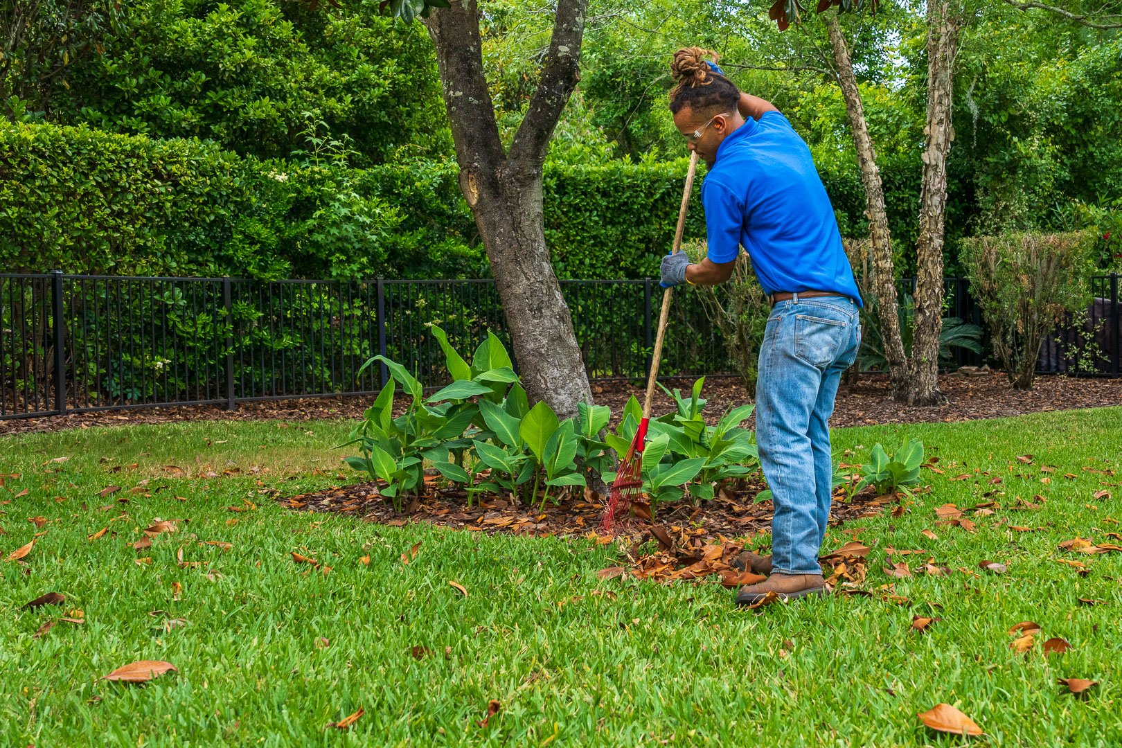 residential maintenance technician raking cleaning out planting bed