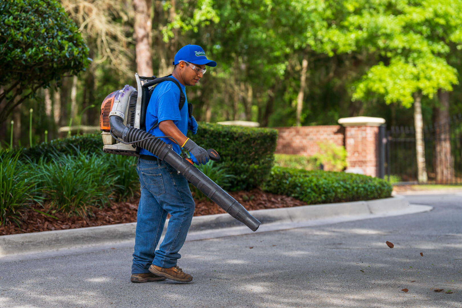 commercial maintenance technician blower cleaning a planting bed after pruning 3