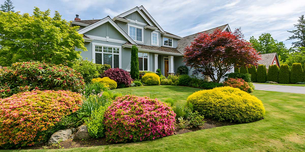 Suburban two-story house featuring a manicured lawn surrounded by colorful flowering bushes, vibrant shrubs, and Japanese maple trees.