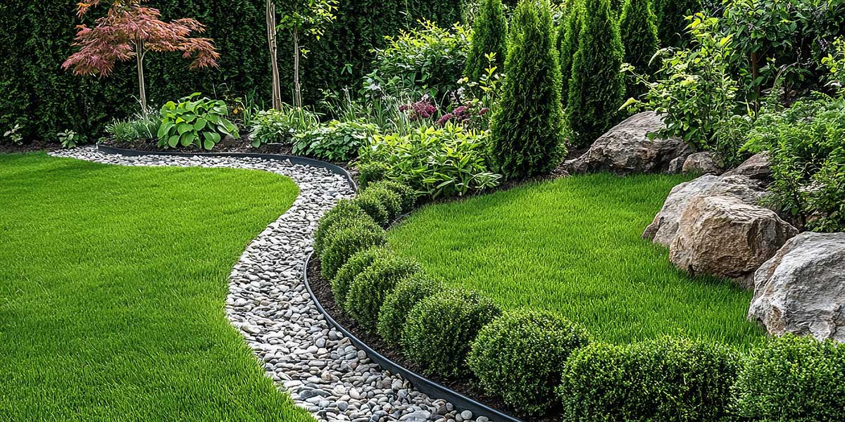 Properly graded garden lawn featuring a dry river rock drainage swale to direct water flow and prevent yard erosion.